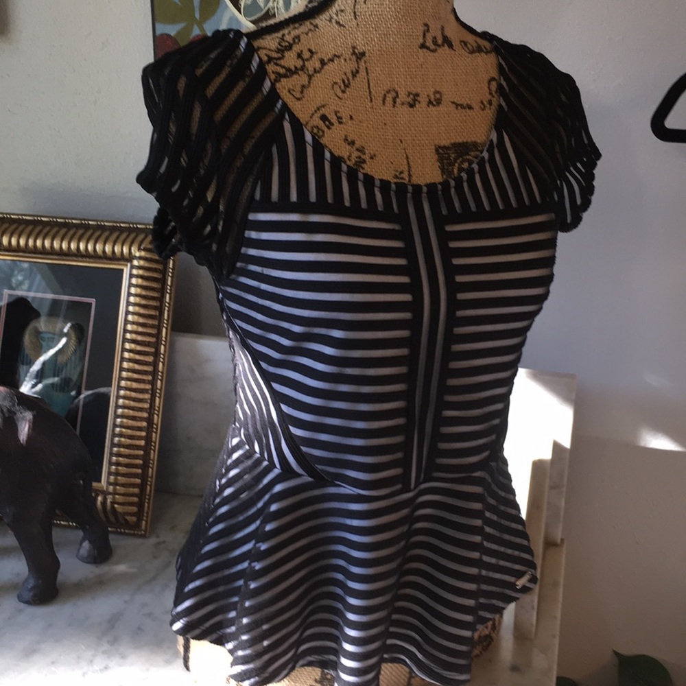 Fabulous Bebe Stretchy Peplum Sheer Stripe Lined M - Picture 5 of 8